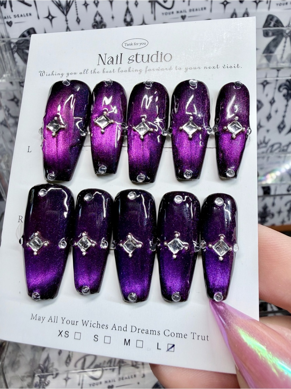 Purple Rhinestone Press-On Nails